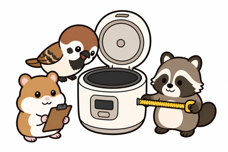 炊飯図鑑編集部が商品を調べている一枚絵